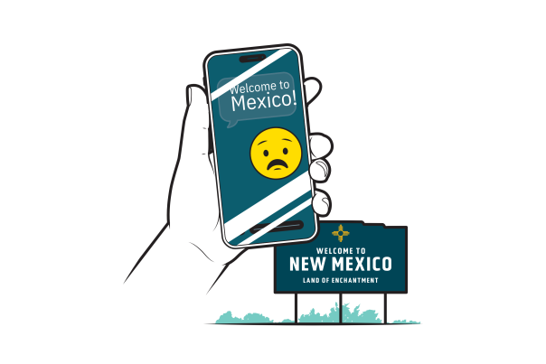Illustration of a hand holding a phone showing "Welcome to Mexico!" with a sad face emoji. Background features a "Welcome to New Mexico" sign.