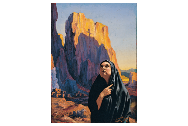 A woman in a black shawl gazes thoughtfully upwards against a backdrop of sunlit cliffs and a small village nestled at their base.