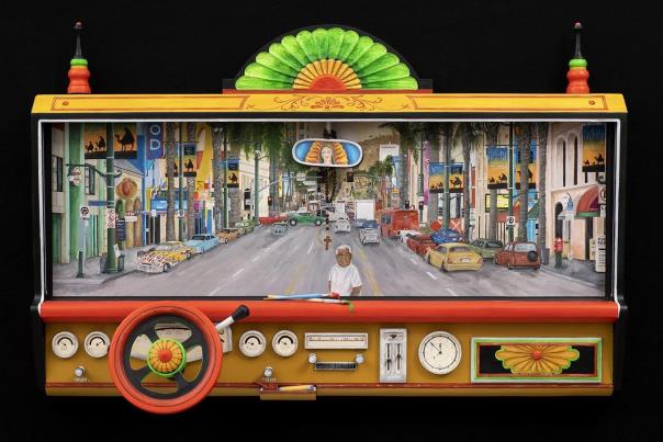 Colorful artwork resembling a car dashboard with a vibrant city street scene through the windshield. Includes a steering wheel, gauges, and a rearview mirror.