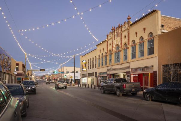 The ornate Spanish Colonial Revival façade of El Morro Theatre in Gallup.