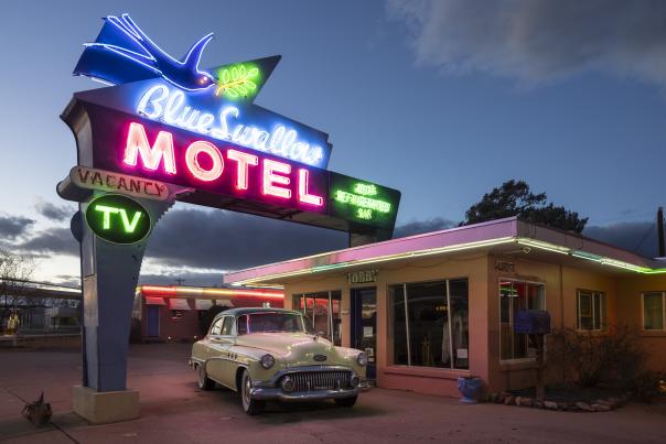 Tucumcari’s Blue Swallow Motel keeps the neon lights on.