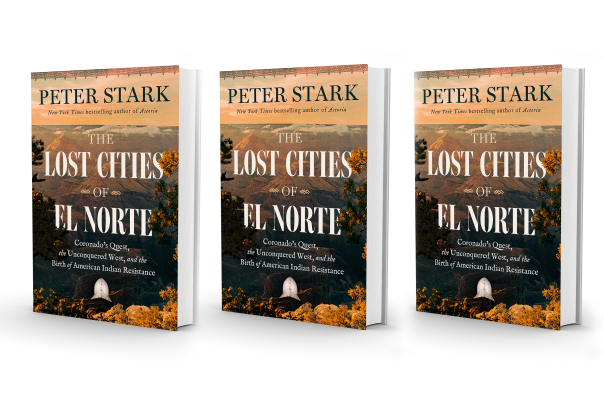 Three copies of the book The Lost Cities of El Norte by Peter Stark displayed in a row.