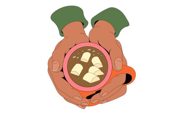 Illustration of hands in green sleeves holding a pink mug of hot chocolate with marshmallows.