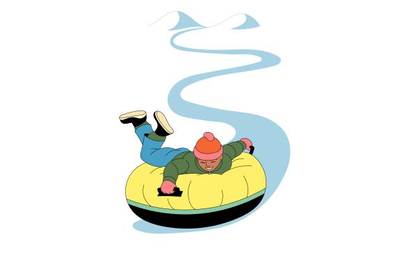 Illustration of child sliding down a snow-covered hill on a tube.
