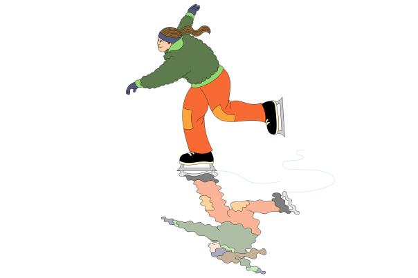 Illustration of a person ice skating on a reflective surface. They wear a green jacket, orange pants, and a headband.