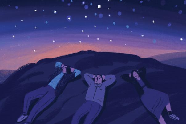 Illustration of three friends laying on a hill and stargazing at sundown by Ryan Johnson.