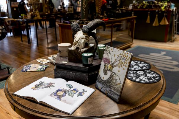 Display of ceramics, textiles, and art prints featuring natural motifs at Taxonomy shop in Taos.