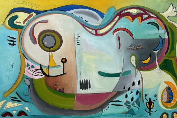 Abstract painting with vibrant colors and swirling shapes, blending blues, greens, and yellows.