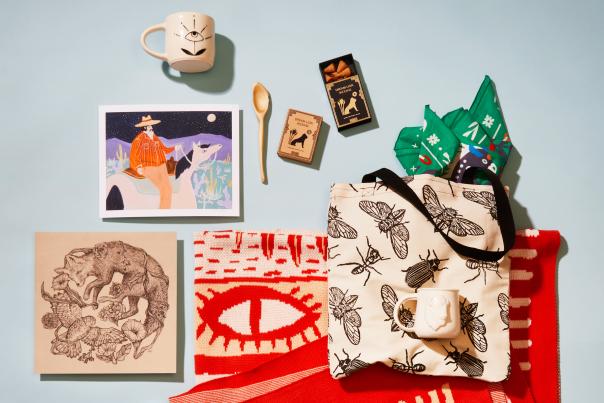 Chelsea Call porcelain flower mug, $85; Dream Lion incense, $32 each; Jamie Eastman block-printed tote, $85; Stevie Shao bandana, $45; Holly McVeigh porcelain buffalo mug, $85; Melissa Lakey blanket, $250; Hilary Dufour print, $75; Melissa Lakey print, $75; Amy Rostkowski handmade spoon, $65.