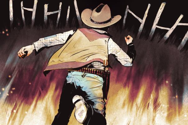 Illustrated cowboy in a hat and vest running, representing Billy the Kid.