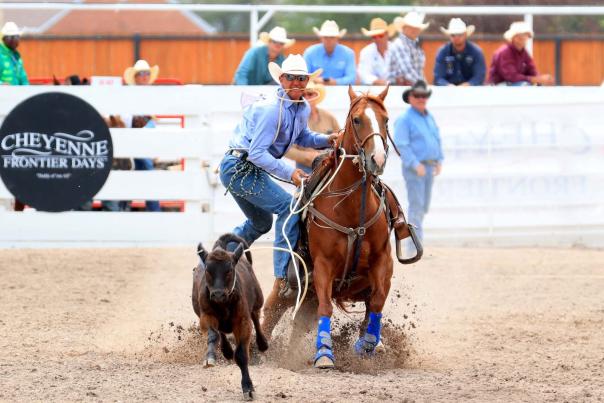 Rodeo roper Seth Hall rides his horse during a tie-down roping event.