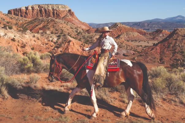 Person rides a horse along a red‑rock desert landscape under a clear blue sky.
