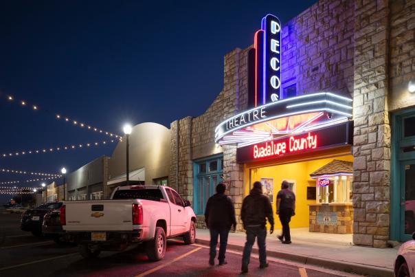 Exterior of the Pecos Theatre in Santa Rosa, a historic 1919 cinema along Route 66, showing its vintage façade and marquee.