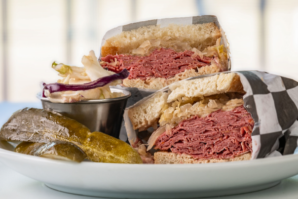 Manhattan Avenue Deli’s Kosher Reuben with pickles on the side.