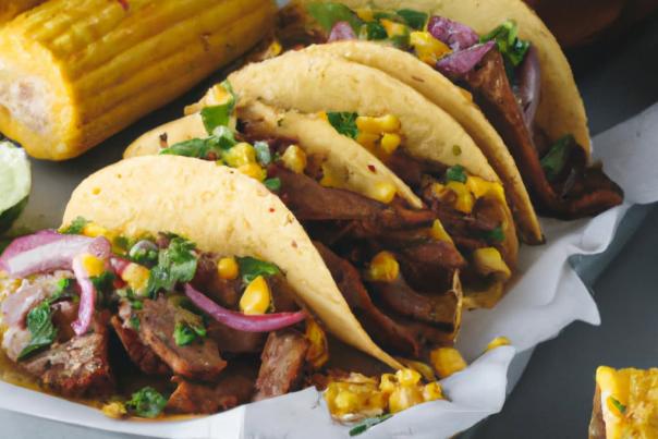 A tray holds several tacos filled with grilled meat, corn, onions, and fresh herbs, with pieces of corn on the cob and a bowl of seasoned vegetables beside them.