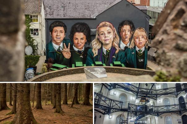 Collage of filming locations including Derry Girls Mural, Tollymore Forest and Crumlin Road Gaol