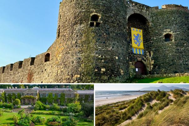 Collage of filming locations including Carrickfergus Castle, Mount Stewart and Tyrella Beach