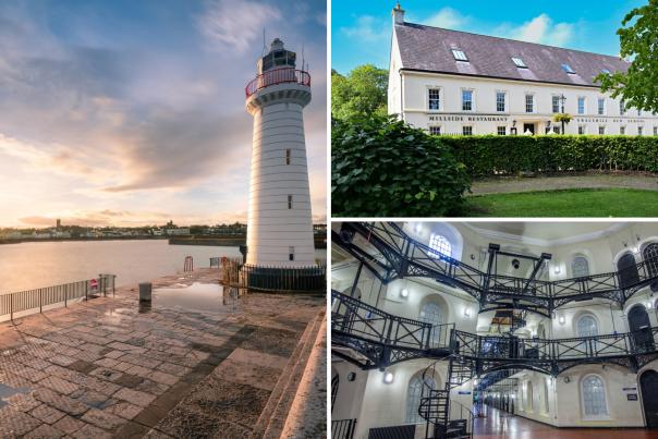 A collage of images featuring Gracehill Village, Crumlin Road Gaol and Donaghadee Lighthouse.