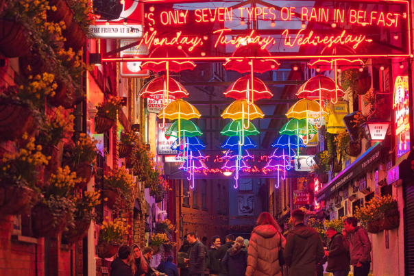 The neon umbrella installation in Commercial Court