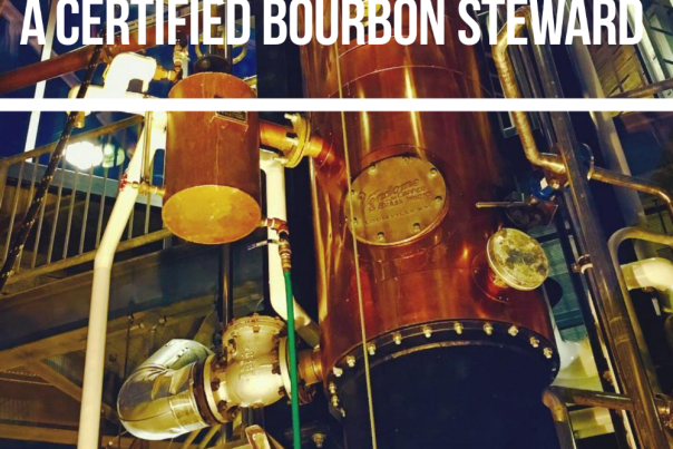 The title "Bourbon Bliss: The Making of a Certified Bourbon Steward" in white letters over a picture of the copper still at New Riff Distilling