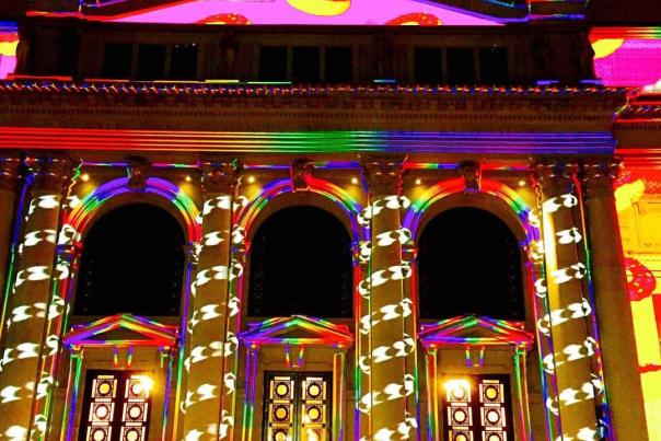 A building in Cincinnati covered in elaborate light displays for BLINK