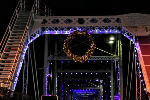 The Purple People Bridge, from Newport Ky to Cincinnati Oh, decorated with Holiday Lights and a Christmas wreath