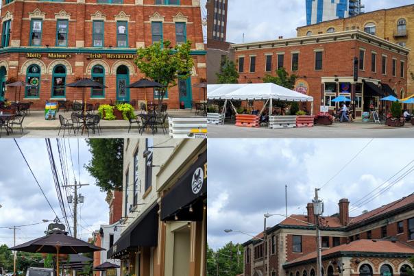 4 restaurants in Covington, Kentucky: Molly Malones, Smoke Justis, Keystone, and Blinkers, all with expanded outdoor seating due to Covid-19