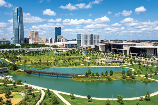 Skyline image of Scissortail Park and Downtown OKC skyline