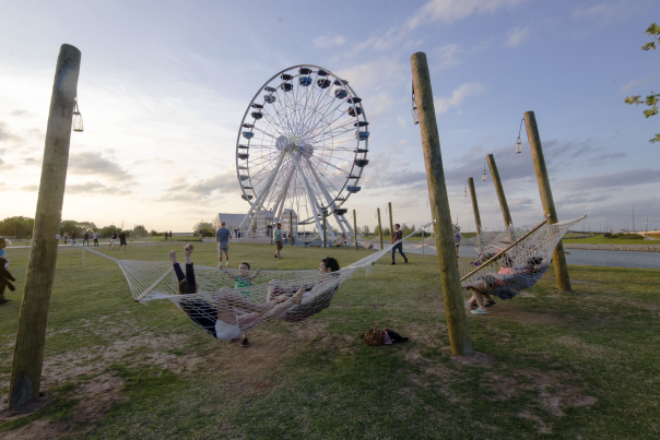 People hanging out in hammocks in OKC's Wheerler District
