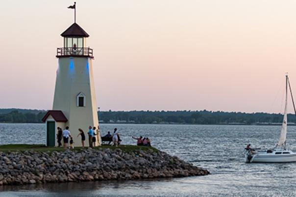 The lighthouse at twilight on Lake Hefner in Oklahoma City