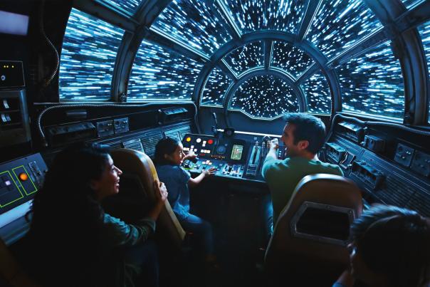 Passengers jump to light speed inside the Millennium Falcon: Smugglers Run at Star Wars: Galaxy’s Edge at Disney’s Hollywood Studios