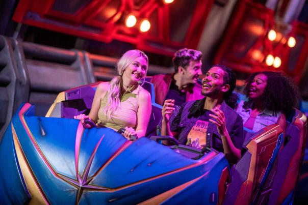 EPCOT guests board their Xandarian Starjumper in preparation for an intergalactic chase through time and space in Guardians of the Galaxy: Cosmic Rewind, the new family-thrill coaster attraction at Walt Disney World Resort in Lake Buena Vista, Fla. (Kent Phillips, photographer)