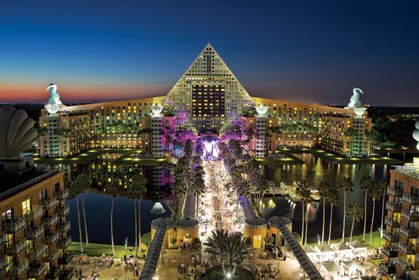 Walt Disney World Swan and Dolphin Resort exterior at night