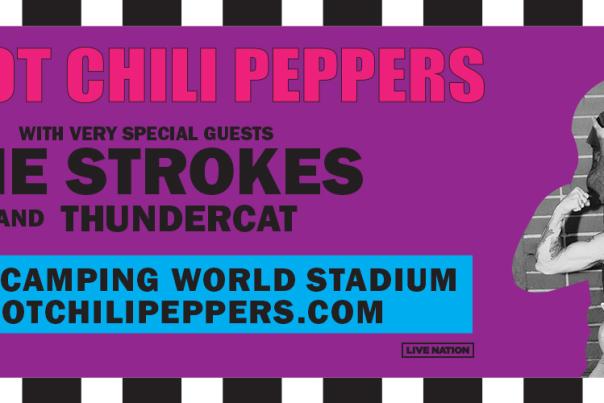 promotional graphics for the Red Hot Chili Peppers concert at Camping World Stadium