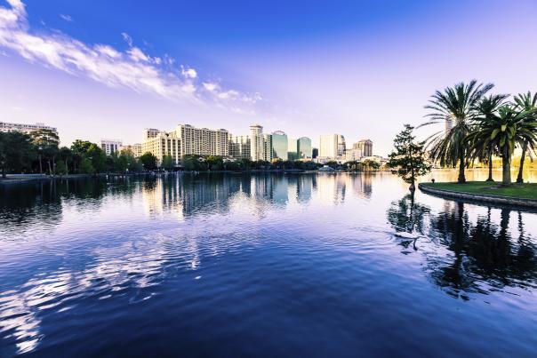 downtown Orlando skyline and lake Eola