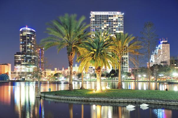 Orlando downtown skyline panorama over Lake Eola at night with urban skyscrapers, tropic palm trees and clear sky.