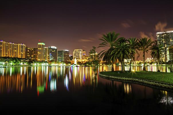 Downtown Orlando Lake Eola skyline at night