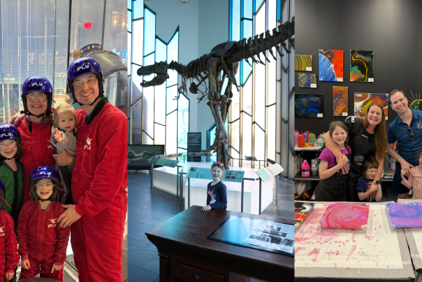Collage of three photos of a family exploring Overland Park