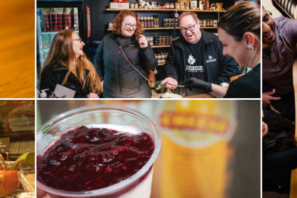 Collage of arancini, customers tasting cheese at boutique, cheese counter filled, brie ice cream with berry compote, and visitors at brewery cheersing and eating