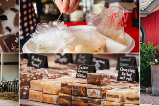 Collage of chocolate dessert, cheese curd samples, barn with cows, stacks of fudge, and an art centre in an old train station