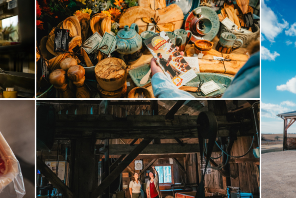 Collage of chef making meal, Canadian pottery in a shop, a vacuum sealed charcuterie plate ready for the road, tour in a replica cheese factory, and a cheesemaker storefront.