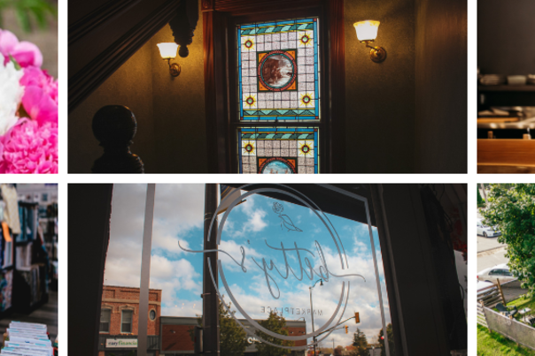 Collage of photos including peonies at a cut-your-own flower farm, stain glass window at Annandale house, a person at the bar of a bistro, a smiling shopkeeper at a quilt shop, a boutique window looking out to a quaint downtown, and a drone shot of a patio with a yoga class taking place nearby
