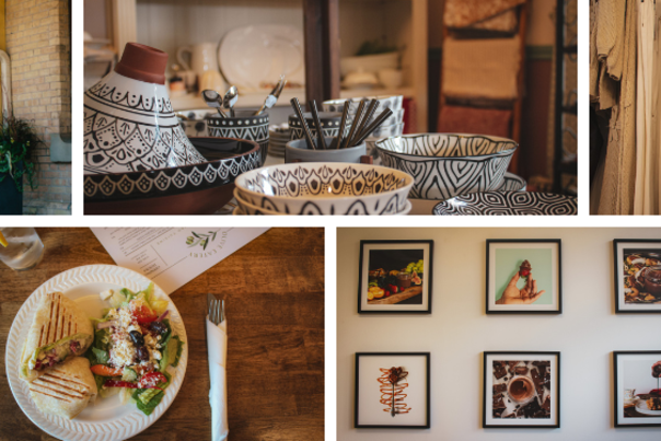 Collage of photos including friends walking up to historic train station, bowls at a shop, clothing and accessories displayed in a shop, visitor pointing and looking at fridge case of cheeses, greek food on a table, frames of chocolately treats, and a row of pinball machines