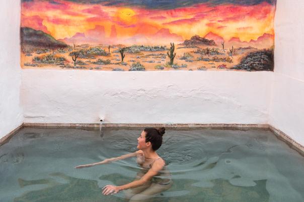 A private mineral hot spring pool at Delight's Hot Springs in Tecopa, California