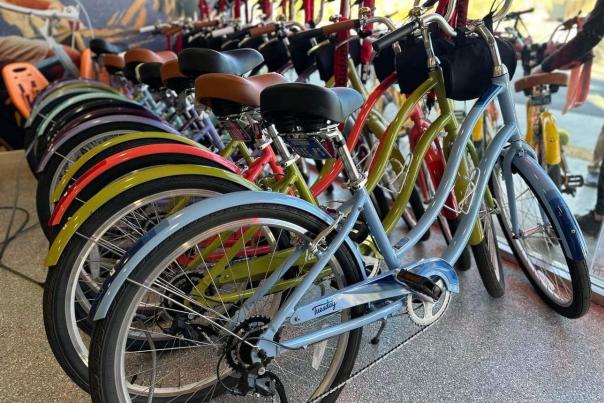 A row of bicycles waiting to be rented in Palm Springs.
