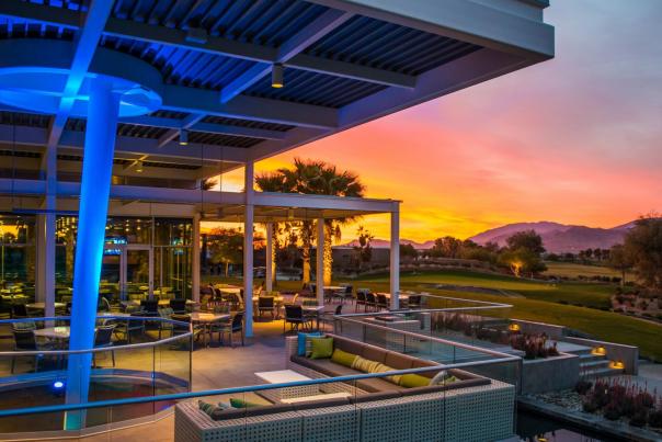 Outdoor patio at sunset at Escena Grill in Palm Springs.