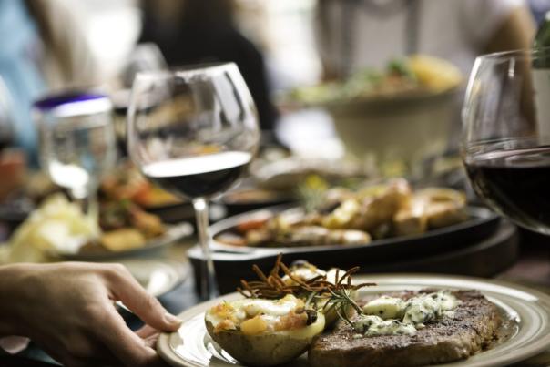 Fine dining with food and wine