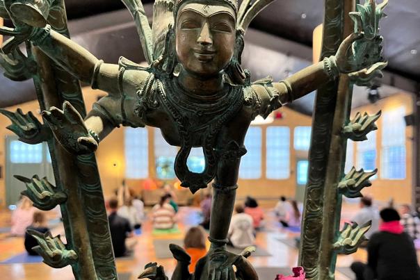 An Asian statue on display before yoga class attendees at the Shop Yoga Studio in Park City, UT