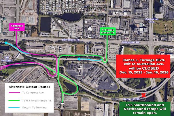 Map displaying a temporary road closure effective December 15, 2025, with surrounding streets shown as alternate routes for access.