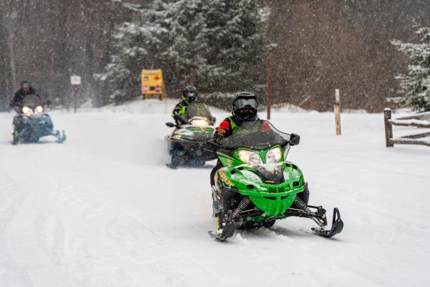 Three people riding on snowmobiles with snow suits and helmets in a wooded area with snow falling.